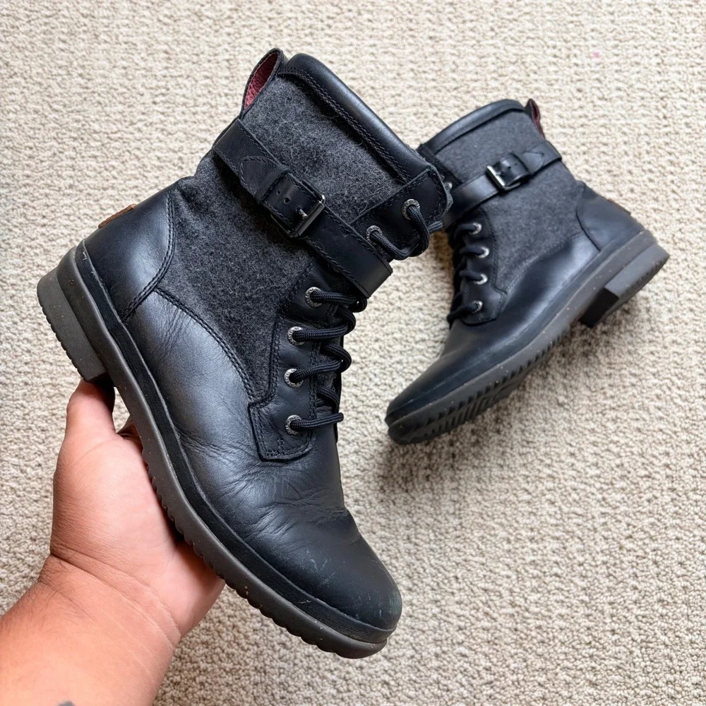 UGG Simmens Waterproof Black Leather Wool Lace Up Buckle Boots 1005264 Women 8.5